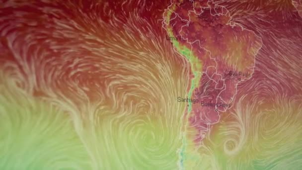 南美洲 南大西洋上空的气温 Pixels可见 移动相机拍摄的电脑屏幕 气象风向卫星视图图 各大洲气象观测国家 — 图库视频影像