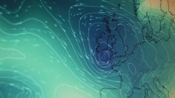 气压旋风吹袭欧洲的电脑屏幕监测器Pixels可见 移动相机拍摄的电脑屏幕 气象风向卫星视图图 各大洲气象观测国家 — 图库视频影像