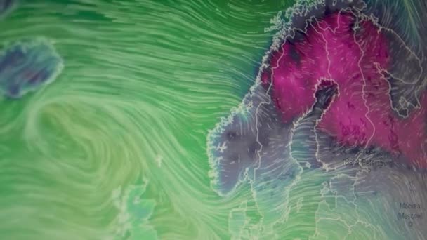 瑞典斯堪的纳维亚半岛上空的气温 Pixels可见 移动相机拍摄的电脑屏幕 气象风向卫星视图图 各大洲气象观测国家 — 图库视频影像
