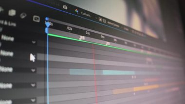 Animasyon yazılım zaman çizelgesi. Bilgisayar ekranının görüntüsü. Animasyon tasarım mühendisi çalışıyor. Animasyon yazılımındaki bir bilgisayar ekranının Dolly izleme görüntüsü. Alçak alan derinliği.