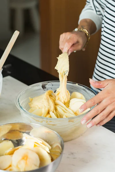 Woman Putting Dough Baking Dish While Cooking Apple Pie Modern — 图库照片