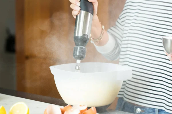 Woman Kneading Dough While Cooking Apple Pie Modern Kitchen — Stock Photo, Image