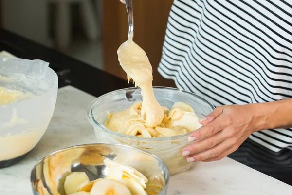 Woman Putting Dough Baking Dish While Cooking Apple Pie Modern — ストック写真
