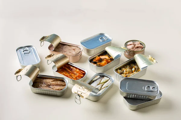 Assortment Different Canned Preserved Fish Seafood Tin Cans Ready Tinned — Stock Photo, Image