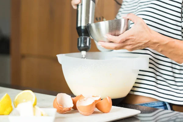 Woman Kneading Dough While Cooking Apple Pie Modern Kitchen — Stockfoto
