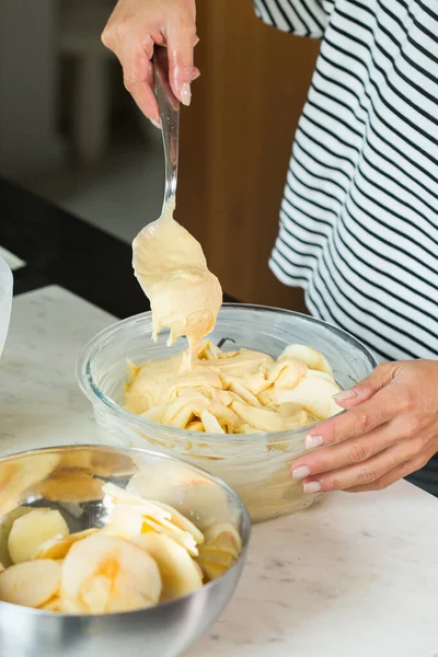 Woman Putting Dough Baking Dish While Cooking Apple Pie Modern — Stok fotoğraf