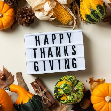 Süslü balkabaklarıyla sonbahar Şükran Günü kompozisyonu. Düz yatış, yukarıdan manzara, tebrik kartı için mevsimlik yaşam arkaplanı