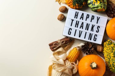 Süslü balkabaklarıyla sonbahar Şükran Günü kompozisyonu. Düz konum, yukarıdan görünüm, karşılama kartı için yaşam mevsimsel arkaplan, kopyalama alanı