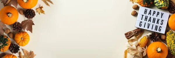 Süslü Balkabaklarıyla Sonbahar Şükran Günü Kompozisyonu Düz Konum Yukarıdan Görünüm — Stok fotoğraf