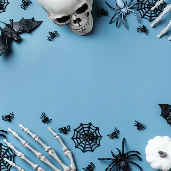 Happy Halloween Trick Treat Greeting Card Pumpkin Skulls Bony Hands — Stock Photo, Image