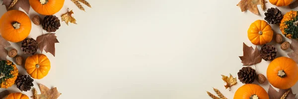 Осінь Осінь День Подяки Композиція Декоративними Гарбузами Плоский Ліжко Вид Стокове Фото