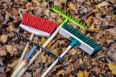 Şehir caddesini temizlemek için ekipman. Parkın çitlerinin yanında tırmık, kürek, süpürge tezgahı. Çimleri enkazdan temizlemek için hafif tırmık ve sert plastik süpürge yardımcıları..