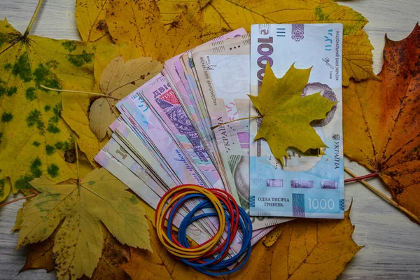 Українські Гроші Лежать Столі Восени Листків Сто Ятсот Двісті Гриветок — стокове фото