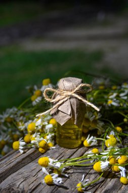 Eski ahşap arka planda Roma papatyası yağı bulunan küçük cam şişe. Papatya çiçekleri, yaklaşın. Aromaterapi, spa ve bitkisel ilaç malzemeleri. Boşluğu kopyala.