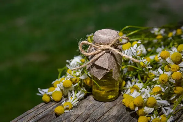 Eski ahşap arka planda Roma papatyası yağı bulunan küçük cam şişe. Papatya çiçekleri, yaklaşın. Aromaterapi, spa ve bitkisel ilaç malzemeleri. Boşluğu kopyala.