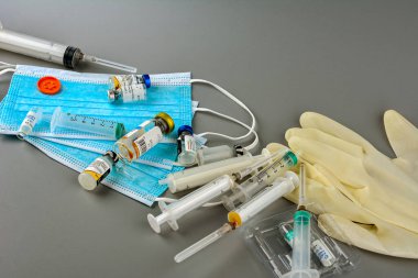 Lviv. Ukraine.06.26.2022. Medical Waste - Disposal of some of the many use once plastic, paper, cardboard, glass and metal items used in modern medicine.