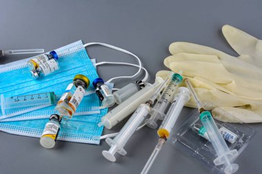 Lviv. Ukraine.06.26.2022. Medical Waste - Disposal of some of the many use once plastic, paper, cardboard, glass and metal items used in modern medicine.