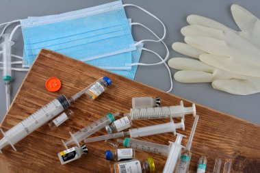 Lviv. Ukraine.06.26.2022. Medical Waste - Disposal of some of the many use once plastic, paper, cardboard, glass and metal items used in modern medicine.