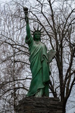 Zdolbuniv, Rivne region, Ukraine. January 2023. A replica of the Statue of Liberty near the office of the Volyn Cement Company's Dickerhoff joint-stock company.