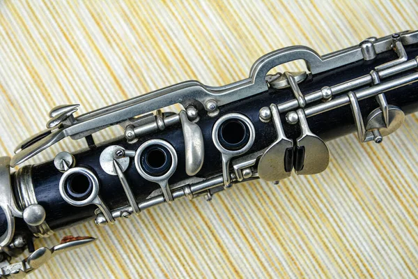 Top View Black Clarinet Dismantled Four Parts Gray Weathered Wooden — Stock Photo, Image
