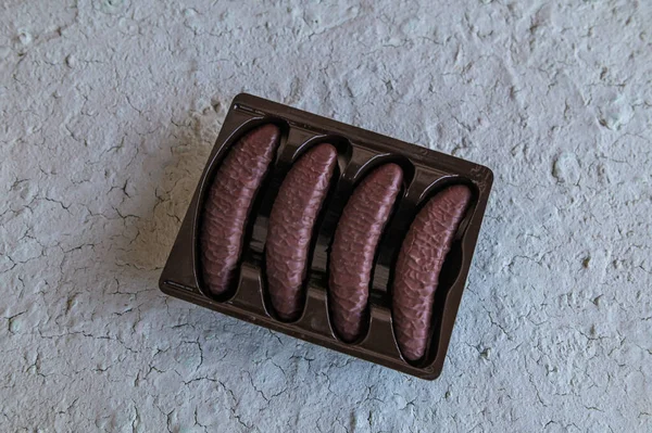 Csokoládé Banán Csokoládéval Borított Mini Banán Mini Banán Csokoládé Habbal — Stock Fotó