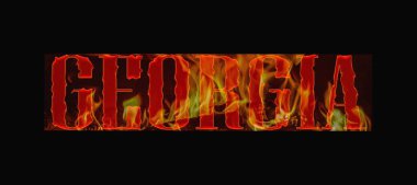 Karanlık ve aydınlık bir arkaplanda Georgia kelimesi. Georgia alevler içinde kaldı..