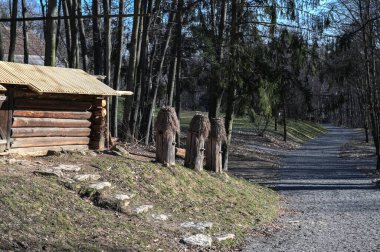 Ahşap arı kovanları olan eski arılar. Samandan ve ağaçtan yapılmış yapay kovanları olan eski bir arı. Orta Avrupa 'da bir yerlerde bulunan eski arı kovanları..