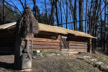 Ahşap arı kovanları olan eski arılar. Samandan ve ağaçtan yapılmış yapay kovanları olan eski bir arı. Orta Avrupa 'da bir yerlerde bulunan eski arı kovanları..