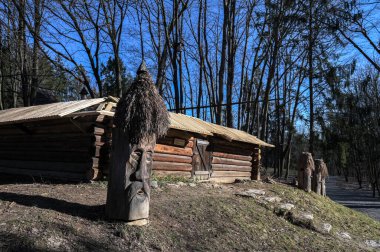 Ahşap arı kovanları olan eski arılar. Samandan ve ağaçtan yapılmış yapay kovanları olan eski bir arı. Orta Avrupa 'da bir yerlerde bulunan eski arı kovanları..
