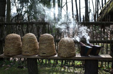 Geleneksel kubbe şeklinde örülmüş arı kovanları. Ders için kopya alanı olan geleneksel bir kubbeli arı kovanı. Saman kovanından yapılmış eski tip arı kovanı..