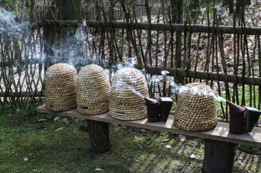 Geleneksel kubbe şeklinde örülmüş arı kovanları. Ders için kopya alanı olan geleneksel bir kubbeli arı kovanı. Saman kovanından yapılmış eski tip arı kovanı..