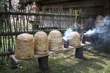 Geleneksel kubbe şeklinde örülmüş arı kovanları. Ders için kopya alanı olan geleneksel bir kubbeli arı kovanı. Saman kovanından yapılmış eski tip arı kovanı..