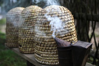 Geleneksel kubbe şeklinde örülmüş arı kovanları. Ders için kopya alanı olan geleneksel bir kubbeli arı kovanı. Saman kovanından yapılmış eski tip arı kovanı..