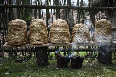 Geleneksel kubbe şeklinde örülmüş arı kovanları. Ders için kopya alanı olan geleneksel bir kubbeli arı kovanı. Saman kovanından yapılmış eski tip arı kovanı..