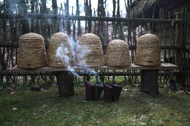 Geleneksel kubbe şeklinde örülmüş arı kovanları. Ders için kopya alanı olan geleneksel bir kubbeli arı kovanı. Saman kovanından yapılmış eski tip arı kovanı..