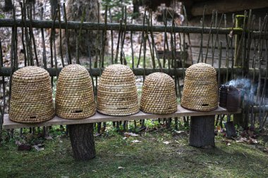 Geleneksel kubbe şeklinde örülmüş arı kovanları. Ders için kopya alanı olan geleneksel bir kubbeli arı kovanı. Saman kovanından yapılmış eski tip arı kovanı..