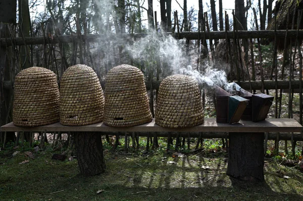 stock image Traditional dome shaped woven bee hives.A traditional domed shape woven bee hive with copy space for your text.Old-style bee hive with bee hives made out of straw.