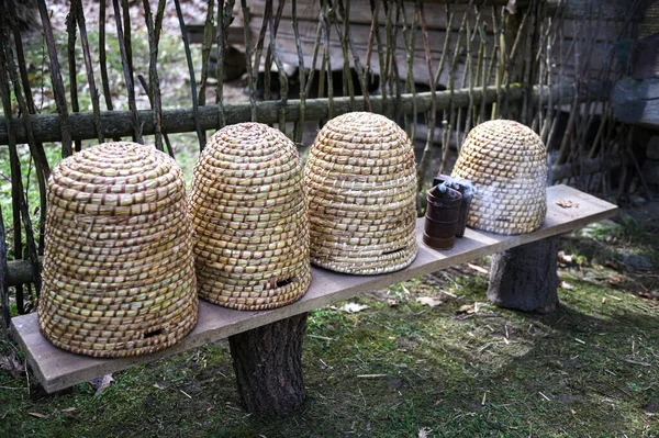 Geleneksel kubbe şeklinde örülmüş arı kovanları. Ders için kopya alanı olan geleneksel bir kubbeli arı kovanı. Saman kovanından yapılmış eski tip arı kovanı..