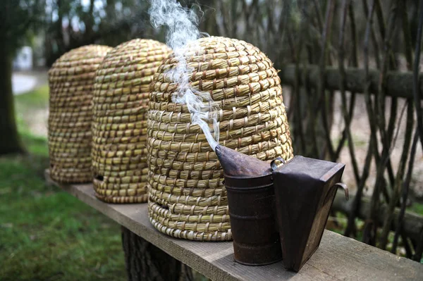 Geleneksel kubbe şeklinde örülmüş arı kovanları. Ders için kopya alanı olan geleneksel bir kubbeli arı kovanı. Saman kovanından yapılmış eski tip arı kovanı..
