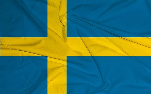 Bandiera Svedese Sventola Nel Vento Bandiera Nazionale Tessuto Satinato Superficie — Foto Stock