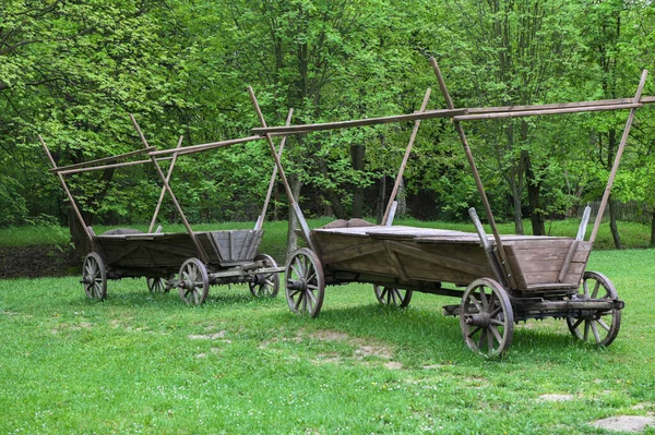 卢拉尔的老式木制古董车 农场里有一个大轮子的老式木制推车 乡村夏天滚动的旧木板车 — 图库照片