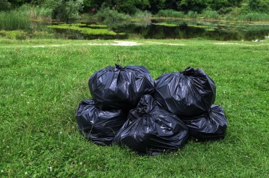 Kamu parkında çöplerle dolu siyah plastik torbalar. Şehrin geçen yılki yeşillik, çöp ve yasadışı atık sahalarından bahar ya da sonbahar temizliği. Çevre koruma.