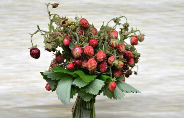 Bouquet of wild strawberry branches in a cup on a rustic wooden table.Healthy natural food. Ecological clean products.