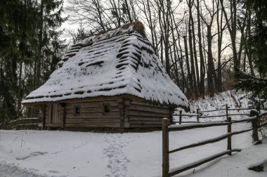 Lviv 'deki köy müzesinin geleneksel ahşap evi..