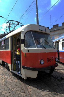 Lviv.Ukrayna. 24 Ağustos 2023 Lviv.T4 SU tramvaylarının sergilendiği sergi..