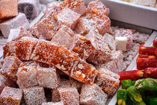 Traditional Turkish Delight Lokum Candy.Assortment of Turkish delights, background, macro. Sweet food.Full frame shot of sweet food.