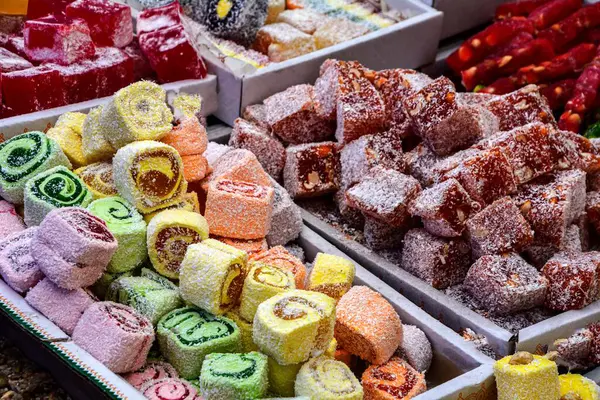 Traditional Turkish Delight Lokum Candy.Assortment of Turkish delights, background, macro. Sweet food.Full frame shot of sweet food.