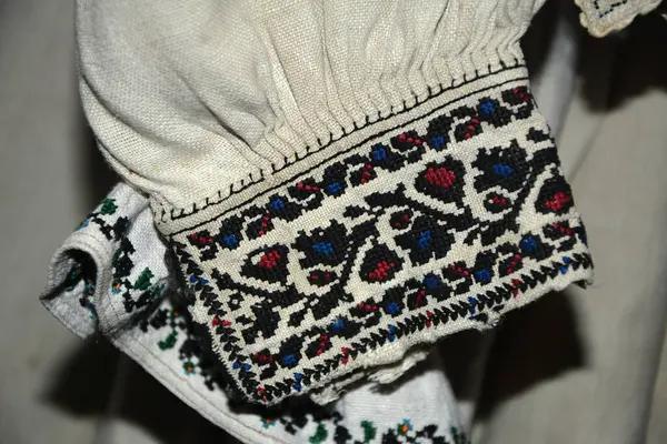 Ukrainian folk decorative embroidery.ornament of Ukrainian embroidery.Samples of traditional Ukrainian folk art knitted embroidery pattern on textile fabric