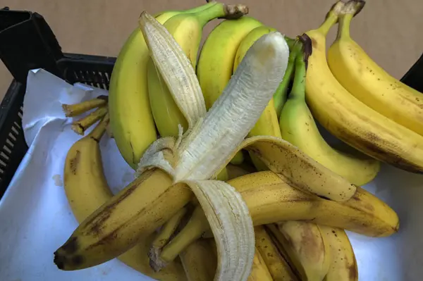 Ripe yellow bananas packed in boxes on the counter of a market supermarket. Exotic fruit in the supermarket, a bunch of banana.Opened ripe banana.