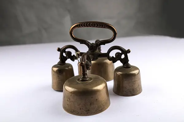 Antique Altar Bells Group Four Bells Joined Central Shaft Held — Stock Photo, Image